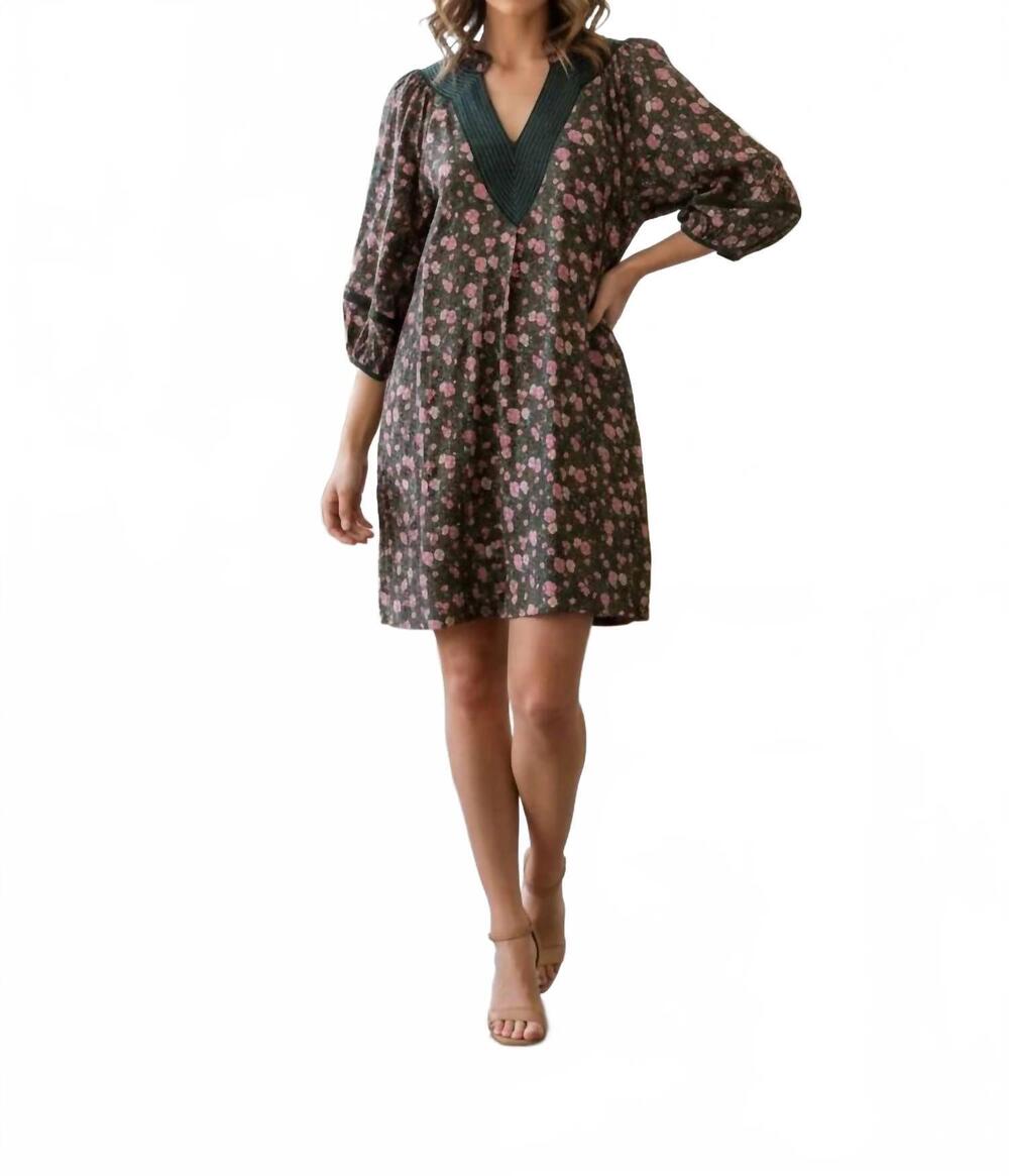 NEW UMGEE floral corduroy contrast stitch mini dress in olive